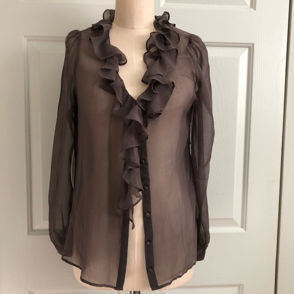 NWT Isabel Lu 💯 Silk Ruffle Sheer Covered Buttons Top Charcoal Size M - Picture 1 of 16